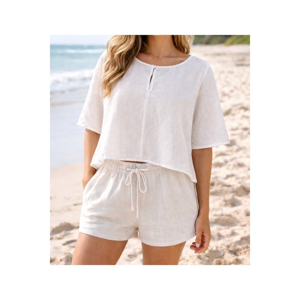 For‎ Cynthia White Linen Popover Top Boxy Cropped Oversized L Casual Minimalist